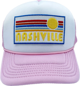 Buy pink-white Kids' Nashville, Tennessee Trucker Hat - Retro Sun Snapback Youth Hat