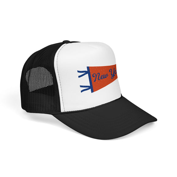 New York Pennant Trucker Hat — Vintage Foam Mesh Cap