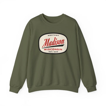 Buy military-green Madison, Wisconsin Sweatshirt - Unisex Retro Crewneck Madison Sweatshirt