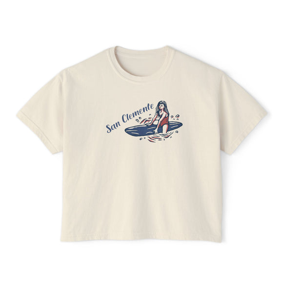 San Clemente, California Surfer Girl Tee | 100% Cotton Women's Boxy Tee