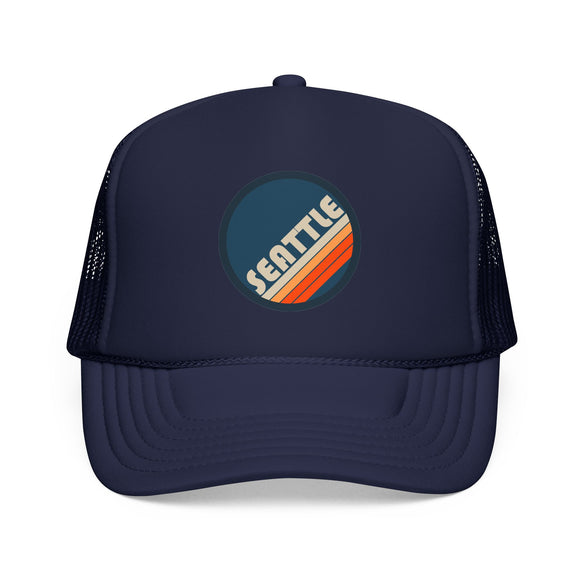 Seattle, Washington Retro Trucker Hat — Vintage Striped Foam Cap