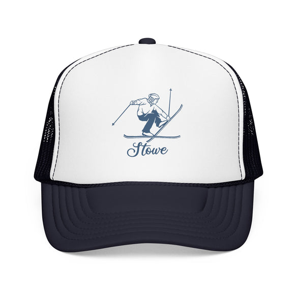 Stowe, Vermont Snow Ski Trucker Hat — Retro Skier Foam Stowe Cap