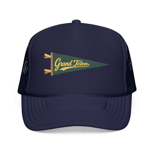 Grand Teton National Park Pennant Trucker Hat — Vintage Foam Mesh Cap