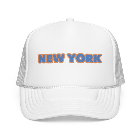 New York Foam Trucker Hat - Retro Orange & Blue City Patch