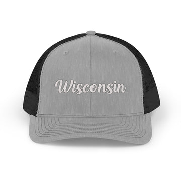 Buy heather-grey-black Wisconsin Snapback Trucker Cap - Embroidered Wisconsin Hat