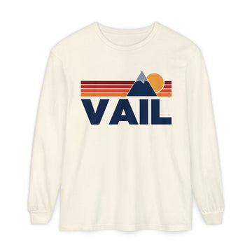 Vail, Colorado Long Sleeve T-Shirt Retro Mountain, Unisex Vail Unisex Garment-dyed Long Sleeve T-Shirt
