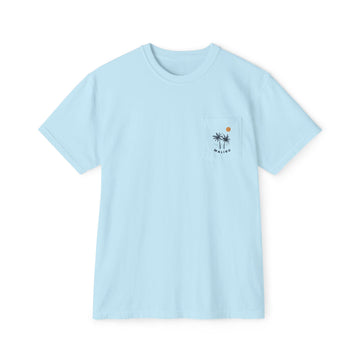 Buy chambray Malibu, California Palm Tree Pocket Tee, Summer Coastal Vibes Top, Beach Apparel - Comfort Colors Graphic T Shirt