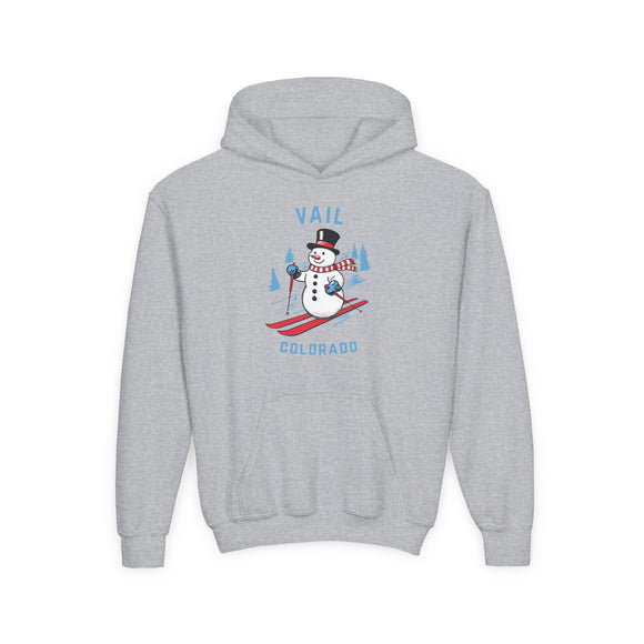 Vail, Colorado Youth Hoodie - Skiing Snowman Kids Vail Hooded Sweatshirt