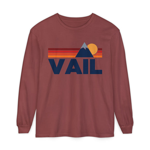 Vail, Colorado Long Sleeve T-Shirt Retro Mountain, Unisex Vail Unisex Garment-dyed Long Sleeve T-Shirt