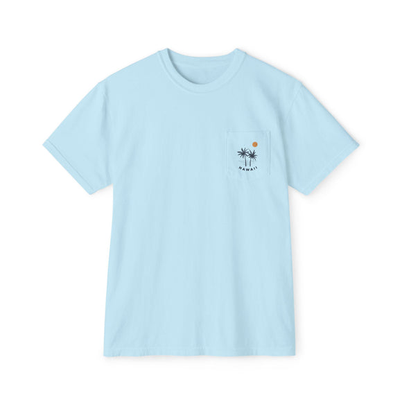 Hawaii Palm Tree Pocket Tee, Summer Coastal Vibes Top, Beach Apparel - Comfort Colors Graphic T Shirt