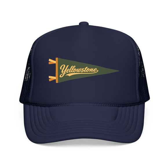 Yellowstone National Park Pennant Trucker Hat — Vintage Foam Mesh Cap