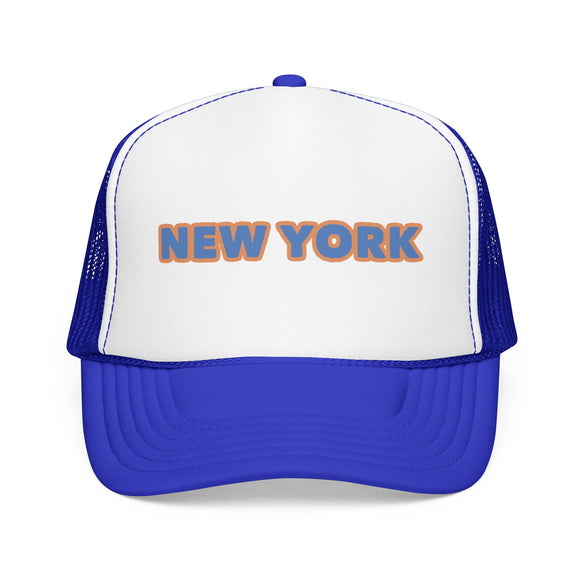 New York Foam Trucker Hat - Retro Orange & Blue City Patch