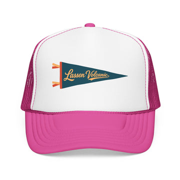 Buy hot-pink-white-hot-pink Lassen Volcanic National Park Pennant Trucker Hat — Vintage Foam Mesh Cap