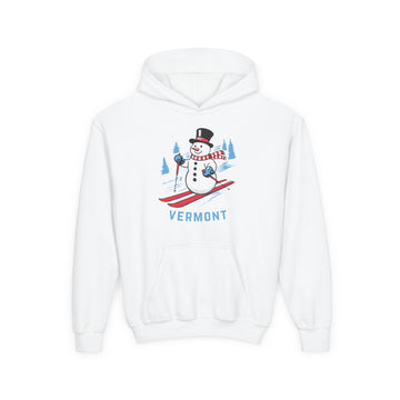 Vermont Youth Hoodie - Skiing Snowman Kids Vermont Hooded Sweatshirt