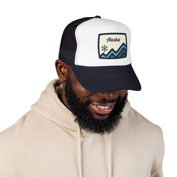 Alaska Retro Mountain Foam Trucker Hat — Vintage Snowflake