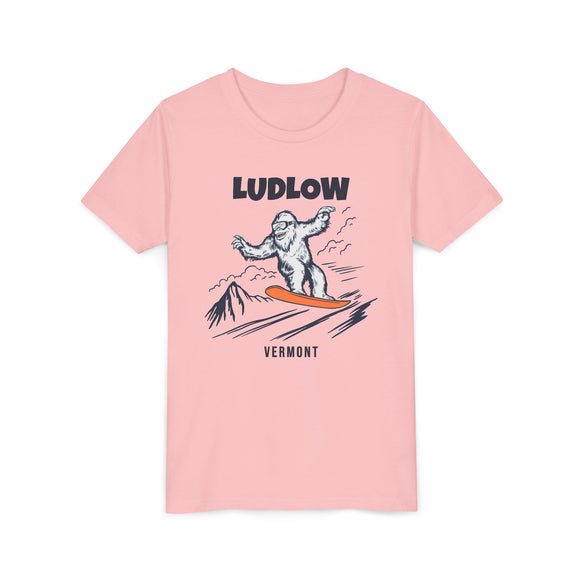 Ludlow, Vermont Yeti Snowboard Youth Tee - Kids Skiing Shirt