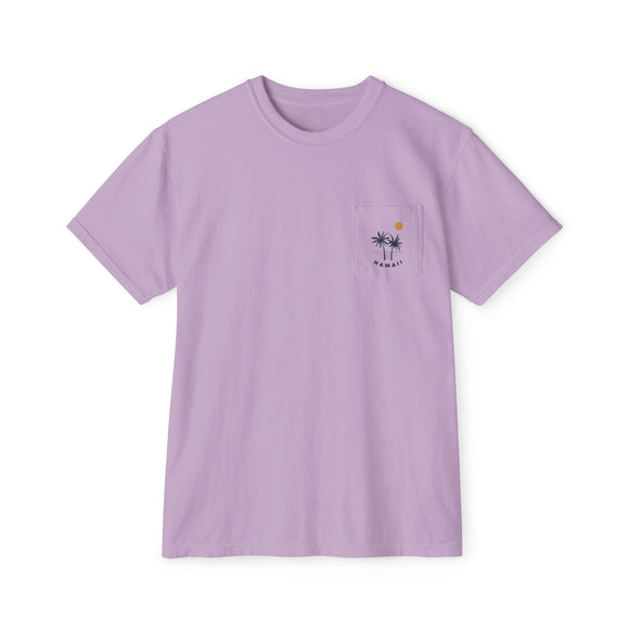Hawaii Palm Tree Pocket Tee, Summer Coastal Vibes Top, Beach Apparel - Comfort Colors Graphic T Shirt