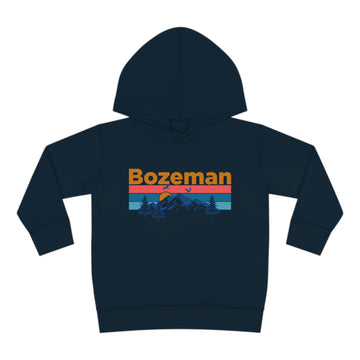 Buy navy Bozeman Toddler Hoodie - Retro Mountain Sun Unisex Bozeman Toddler Sweatshirt