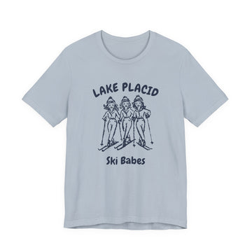 Buy light-blue Lake Placid, New York Ski Babes T‑Shirt — Retro Skiing Graphic Tee
