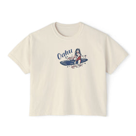 Oahu, Hawaii Surfer Girl Tee | 100% Cotton Women's Boxy Tee
