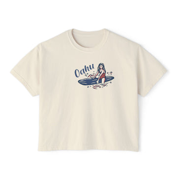 Oahu, Hawaii Surfer Girl Tee | 100% Cotton Women's Boxy Tee