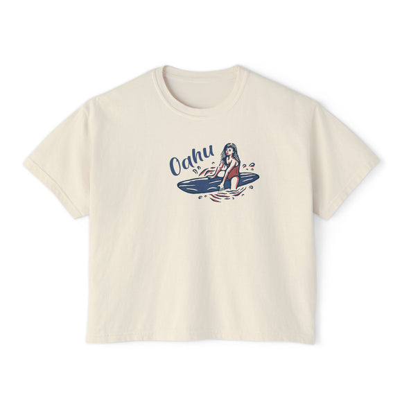 Oahu, Hawaii Surfer Girl Tee | 100% Cotton Women's Boxy Tee