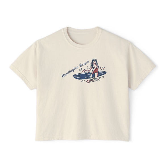 Huntington Beach, California Surfer Girl Tee | 100% Cotton Women's Boxy Tee