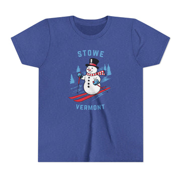 Buy heather-true-royal Stowe, Vermont Youth Skiing Snowman Tee - Kids Stowe T Shirt