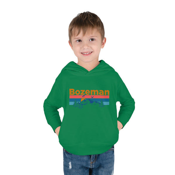 Bozeman Toddler Hoodie - Retro Mountain Sun Unisex Bozeman Toddler Sweatshirt