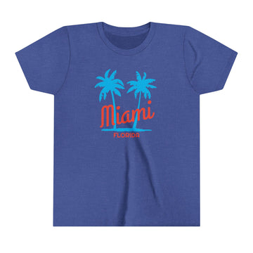 Buy heather-true-royal Miami, Florida Youth Shirt - Retro Palm Tree Miami Kid's T-Shirt