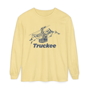 Buy butter Truckee, California Long Sleeve T-Shirt Retro Mountain, Unisex Truckee Unisex Garment-dyed Long Sleeve T-Shirt - Skier Sketch