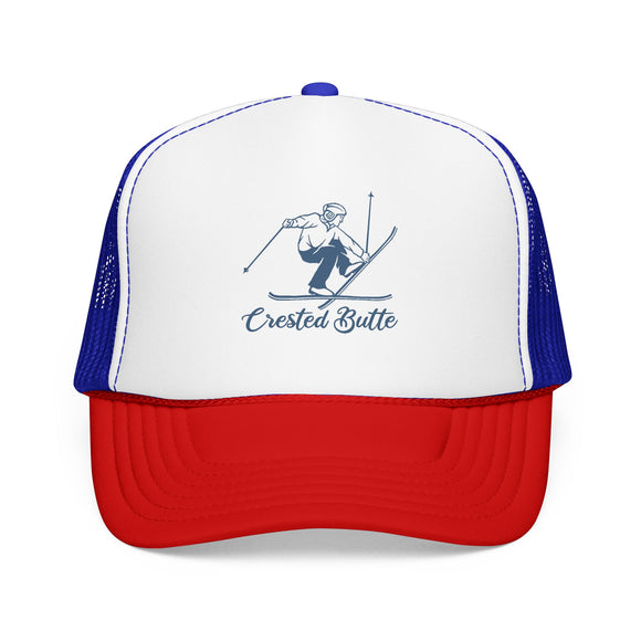 Crested Butte, Colorado Snow Ski Trucker Hat — Retro Skier Foam Crested Butte Cap