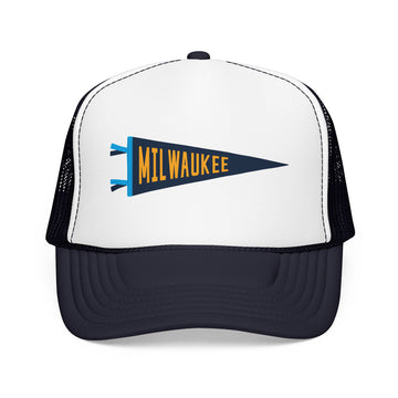 Buy navy-white-navy Milwaukee, Wisconsin Pennant Trucker Hat — Retro Flag Foam Cap