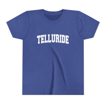 Buy heather-true-royal Telluride, Colorado Youth Graphic Tee - Kids Telluride T Shirt