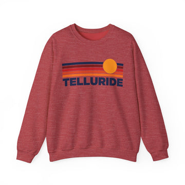Buy heather-sport-scarlet-red Telluride, Colorado Sweatshirt Retro Sun Unisex - Telluride Vintage Inspired Warm Pullover Jumper