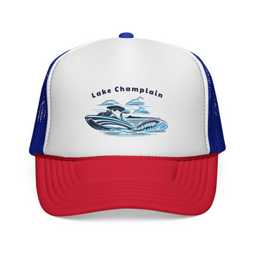Buy blue-red Lake Champlain Wakeboard Boat Trucker Hat