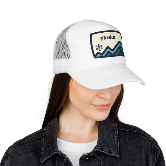 Alaska Retro Mountain Foam Trucker Hat — Vintage Snowflake