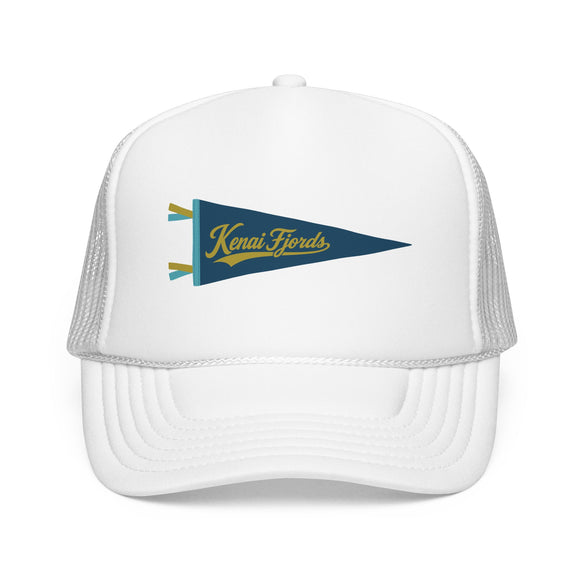 Kenai Fjords National Park Pennant Trucker Hat — Vintage Foam Mesh Cap