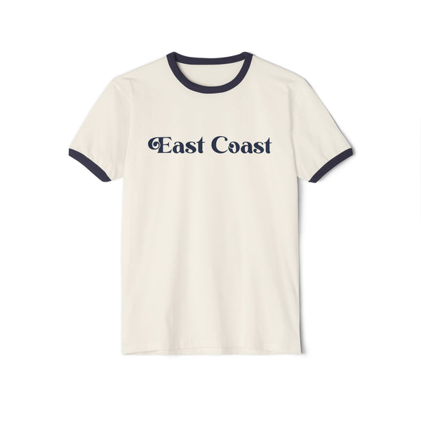 East Coast Cotton Ringer Graphic Tee - Retro Vintage Style T-Shirt, Coastal Vibes Unisex Shirt, Beach Lover Gift, Nautical Theme Tee, Summer