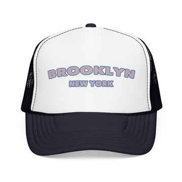 Buy navy-white-navy Brooklyn, New York Foam Trucker Hat - Retro Pastel Script Mesh Cap