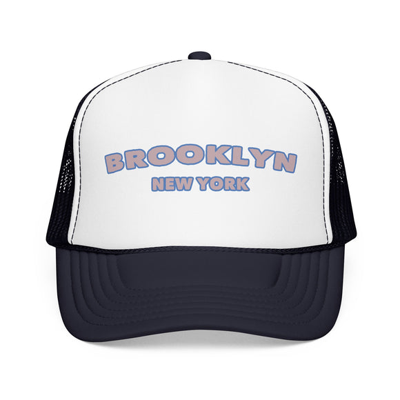 Brooklyn, New York Foam Trucker Hat - Retro Pastel Script Mesh Cap