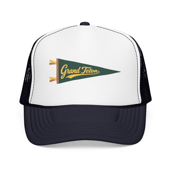 Grand Teton National Park Pennant Trucker Hat — Vintage Foam Mesh Cap