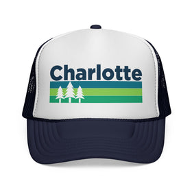 Buy dark-navy Charlotte, North Carolina Retro Trees Trucker Hat - Vintage Style Charlotte Cap