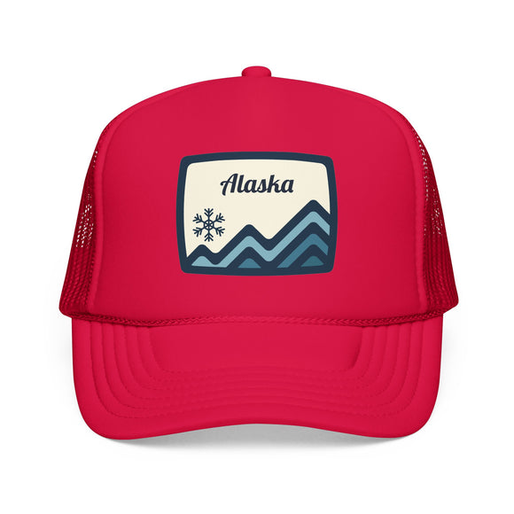 Alaska Retro Mountain Foam Trucker Hat — Vintage Snowflake