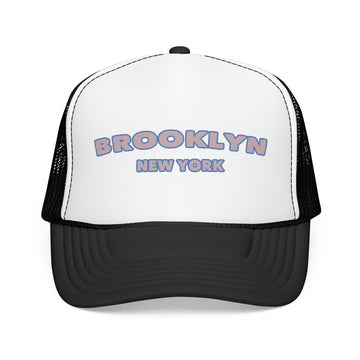 Buy black-white Brooklyn, New York Foam Trucker Hat - Retro Pastel Script Mesh Cap