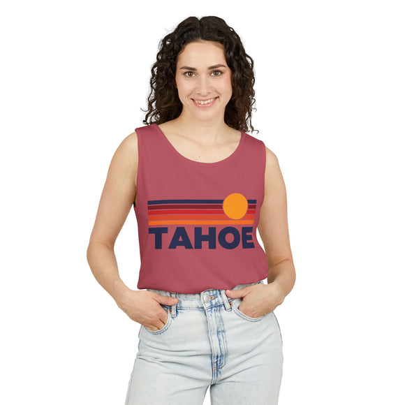 Lake Tahoe, California Retro Sunstripe Tank Top | Comfort Colors - 100% Cotton