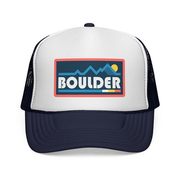 Buy dark-navy Boulder, Colorado Retro Mountains Trucker Hat - Vintage Style Boulder Cap