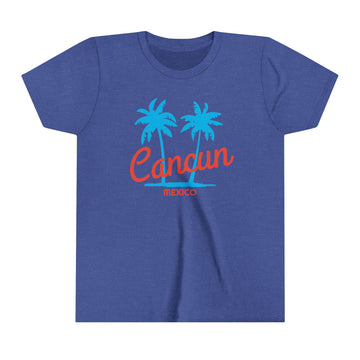 Buy heather-true-royal Cancun, Mexico Youth Shirt - Retro Palm Tree Cancun Kid's T-Shirt