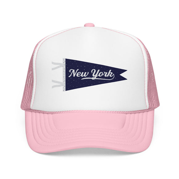 New York Pennant Trucker Hat — Pink Foam Mesh Cap