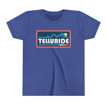 Buy heather-true-royal Telluride, Colorado Youth Graphic Tee - Kids Telluride T Shirt
